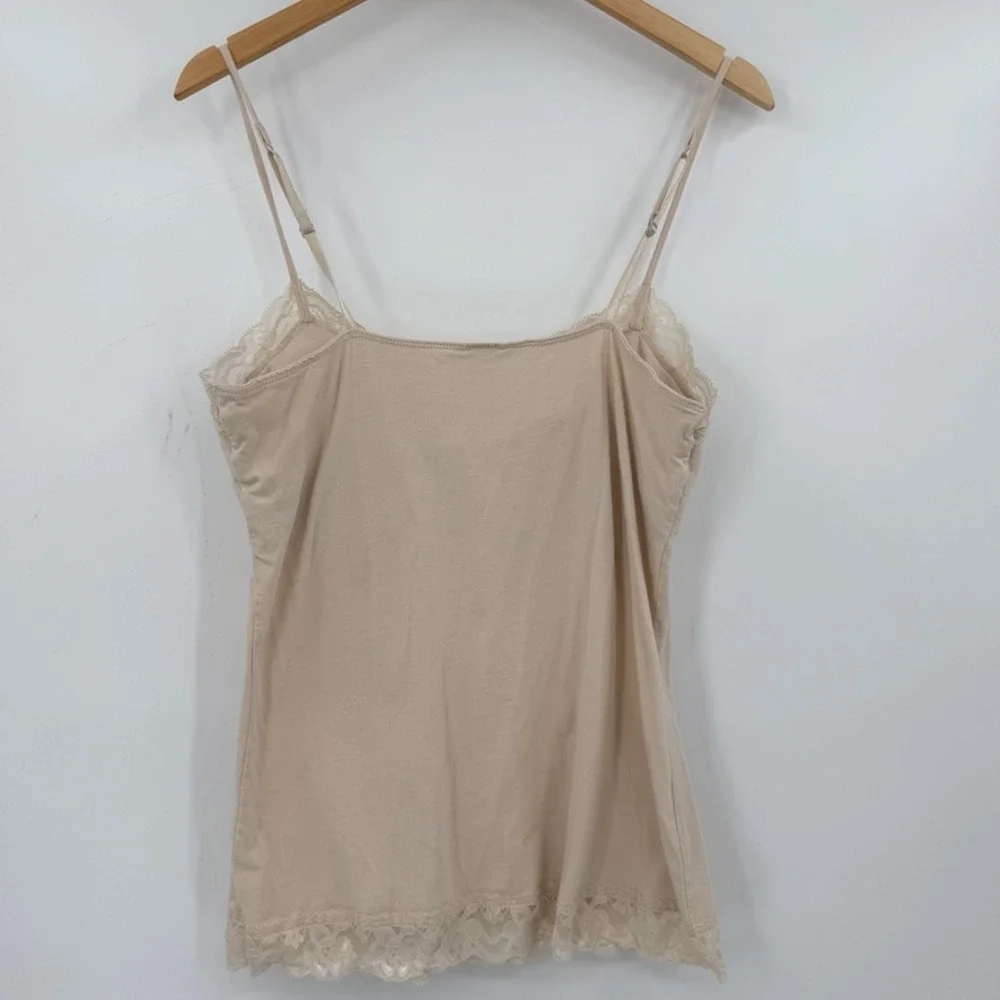 Womens Y2K Cami Tank Top 2XL Beige Lace Trim‎ Built In Bra Stretch Coquette